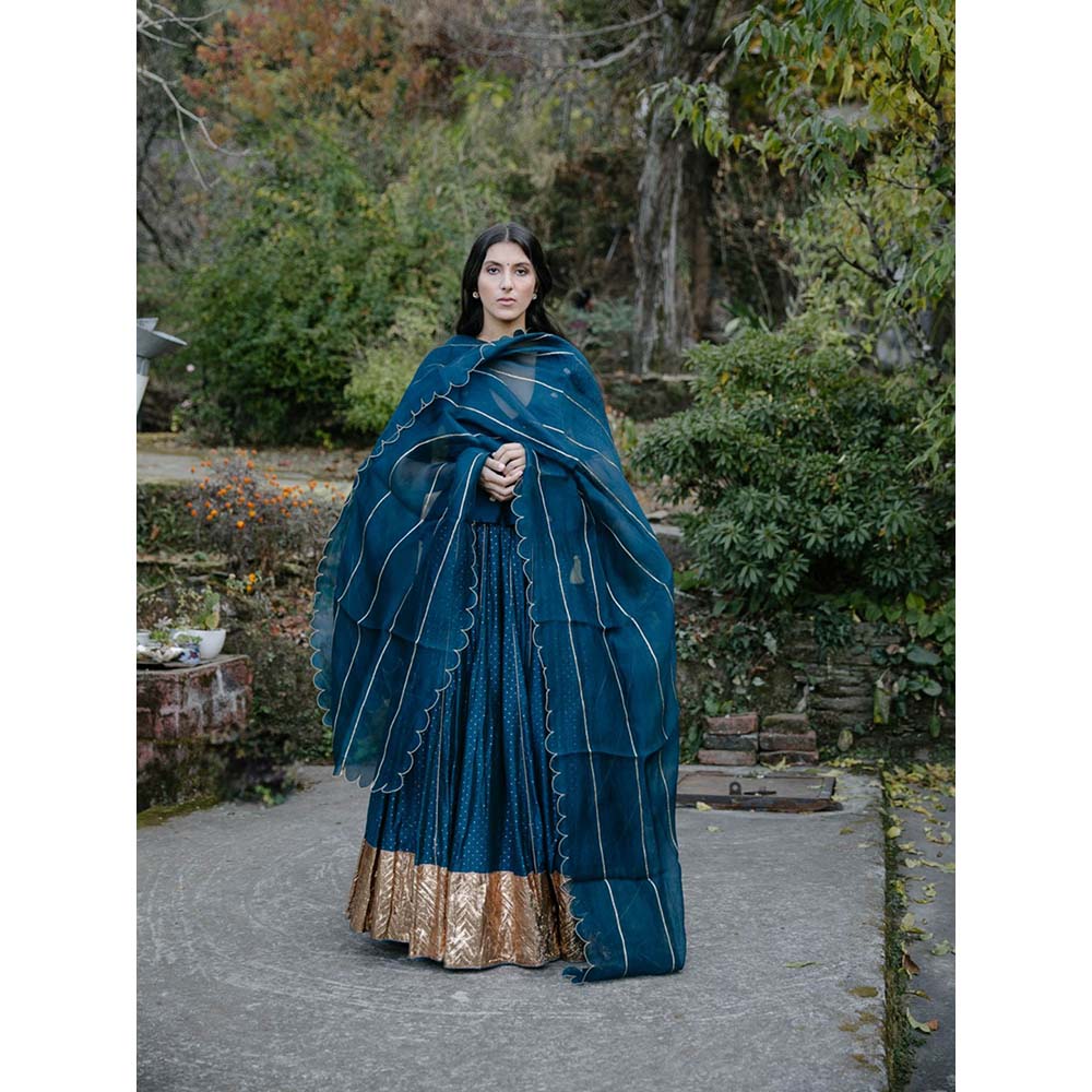 Label Earthen Women Teal Printed Lehenga with Choli & Dupatta (Set of 3)