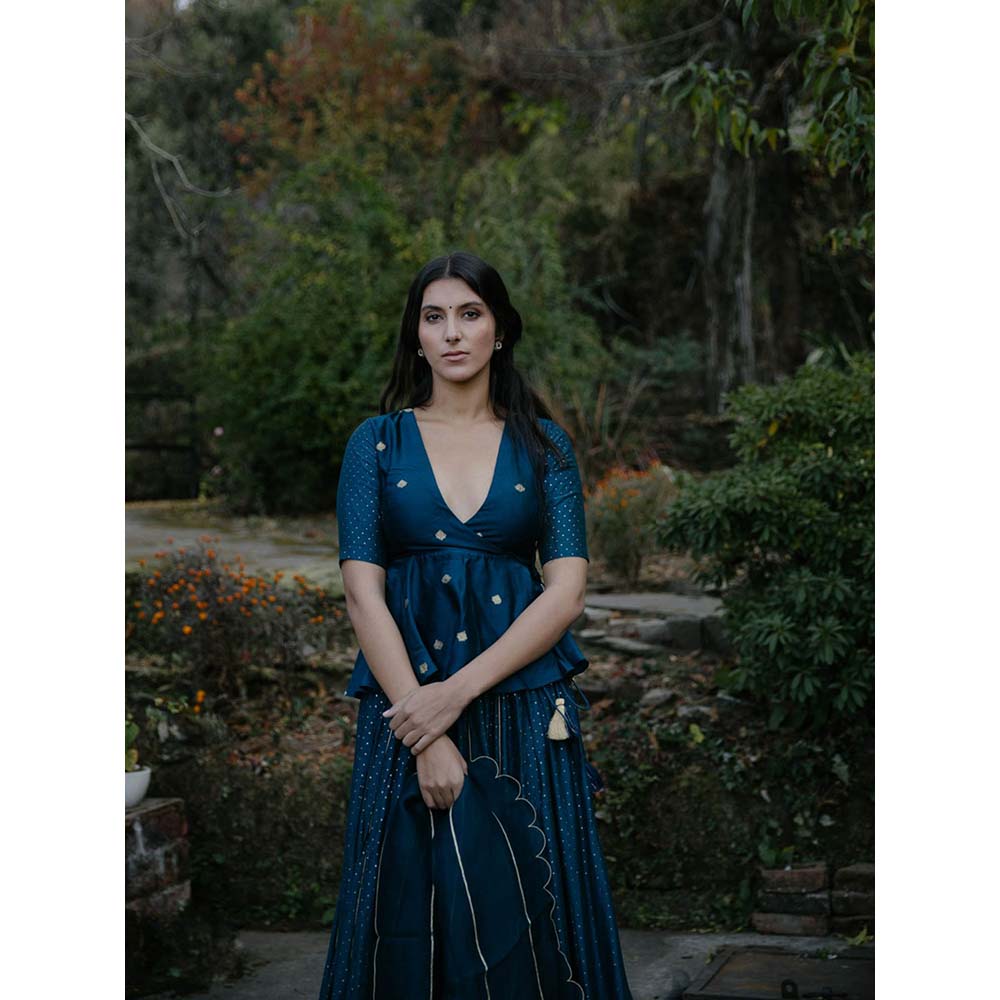 Label Earthen Women Teal Printed Lehenga with Choli & Dupatta (Set of 3)