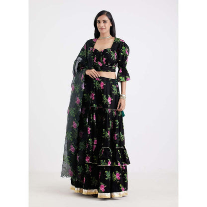 Label Earthen Women Black Floral Lehenga with Choli & Dupatta (Set of 3)
