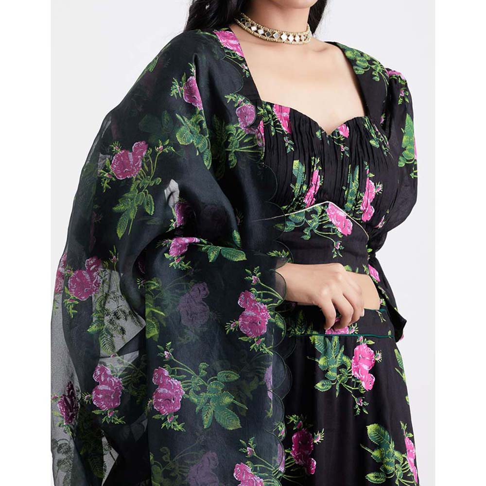Label Earthen Women Black Floral Lehenga with Choli & Dupatta (Set of 3)