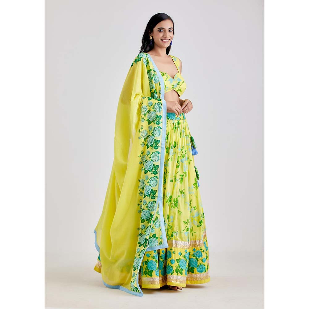 Label Earthen Women Yellow Floral Lehenga with Choli & Dupatta (Set of 3)