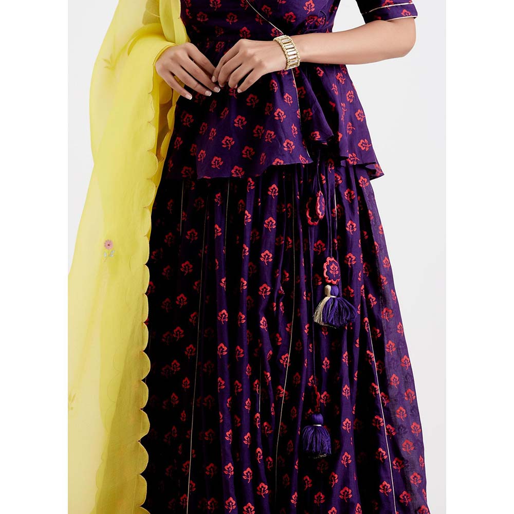 Label Earthen Women Purple Floral Lehenga with Choli & Dupatta (Set of 3)
