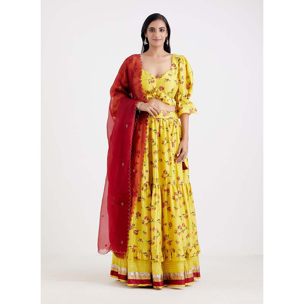Label Earthen Women Yellow Floral Lehenga with Choli & Dupatta (Set of 3)