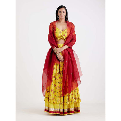 Label Earthen Women Yellow Floral Lehenga with Choli & Dupatta (Set of 3)