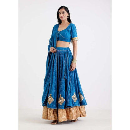 Label Earthen Women Blue Printed Lehenga with Choli & Dupatta (Set of 3)
