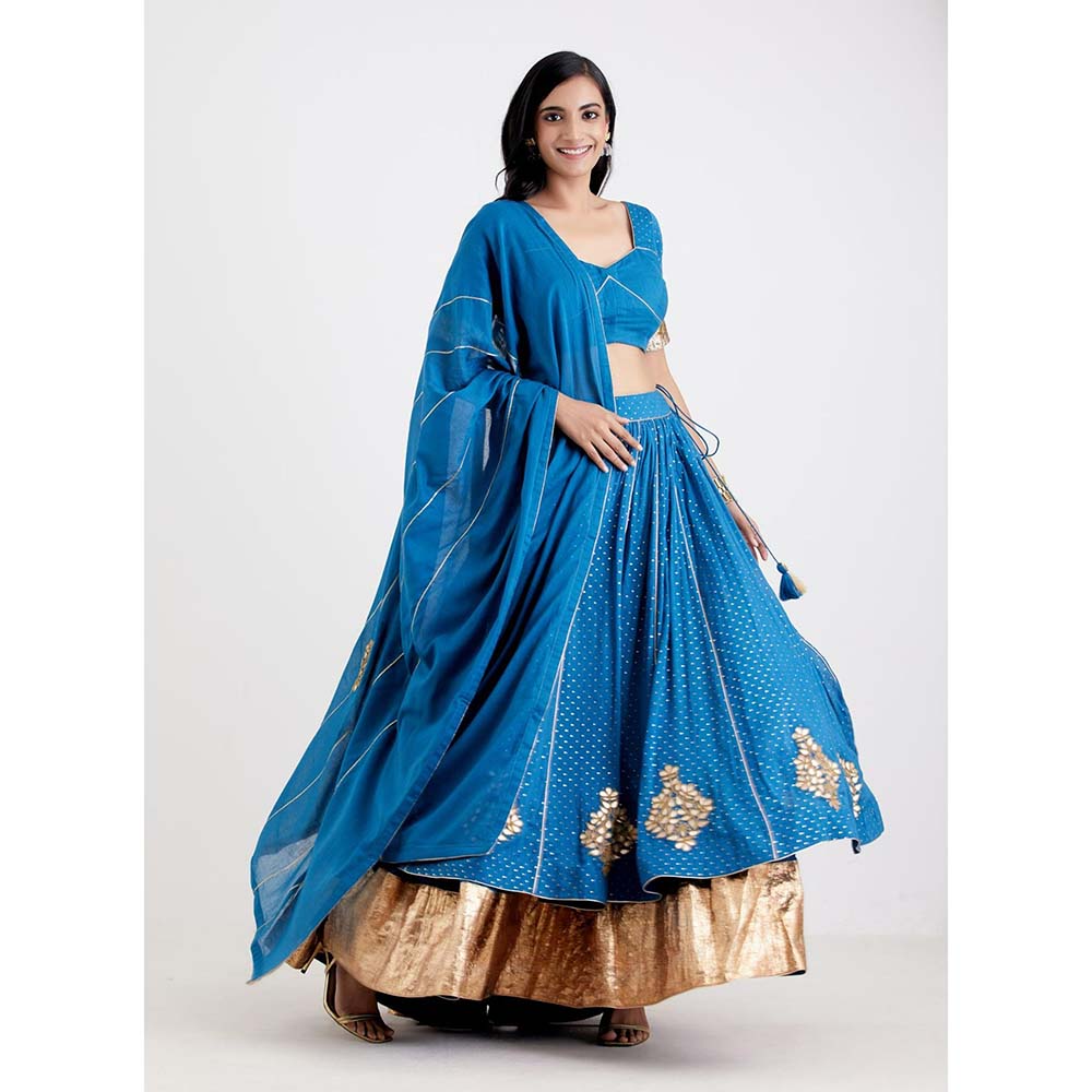 Label Earthen Women Blue Printed Lehenga with Choli & Dupatta (Set of 3)