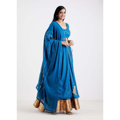 Label Earthen Women Blue Printed Lehenga with Choli & Dupatta (Set of 3)