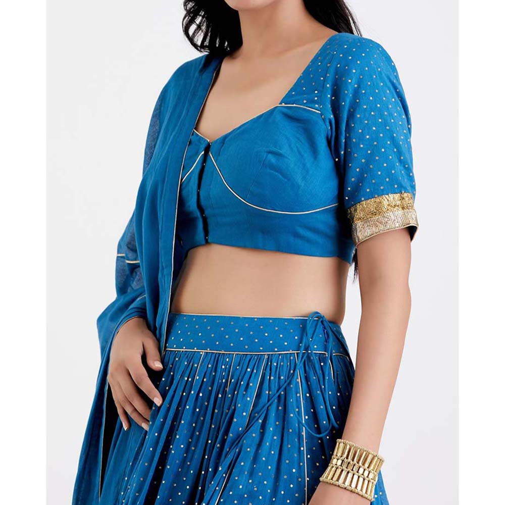 Label Earthen Women Blue Printed Lehenga with Choli & Dupatta (Set of 3)