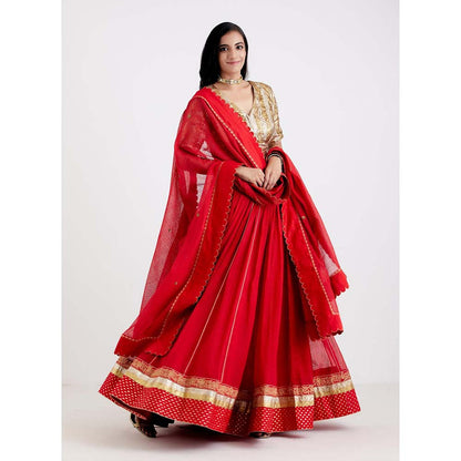 Label Earthen Women Red Checks Lehenga with Choli & Dupatta (Set of 3)