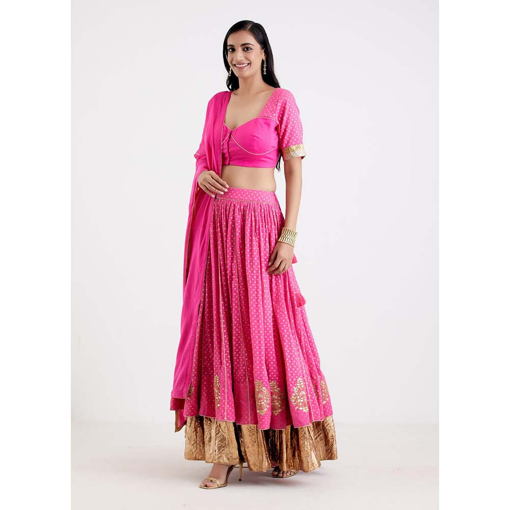 Label Earthen Women Pink Printed Lehenga with Choli & Dupatta (Set of 3)