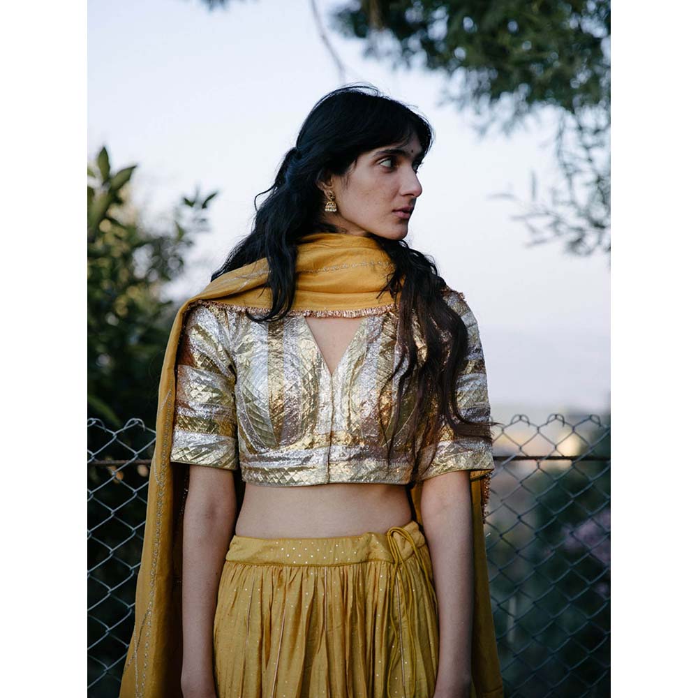 Label Earthen Women Gold Printed Lehenga with Choli & Dupatta (Set of 3)