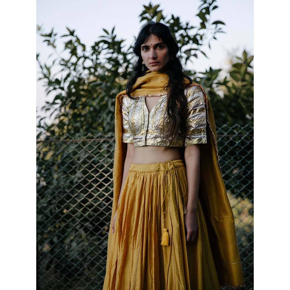 Label Earthen Women Gold Printed Lehenga with Choli & Dupatta (Set of 3)