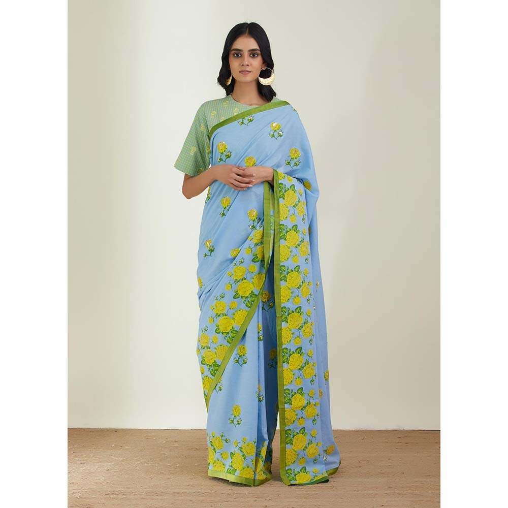 Label Earthen Women Blue Floral Saree with Stitched Blouse