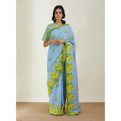 Label Earthen Women Blue Floral Saree with Stitched Blouse