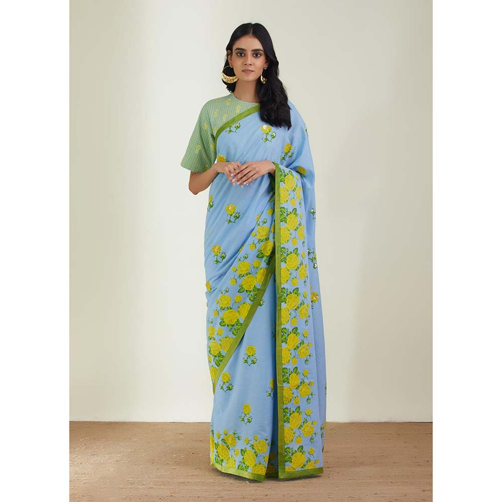 Label Earthen Women Blue Floral Saree with Stitched Blouse