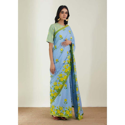 Label Earthen Women Blue Floral Saree with Stitched Blouse