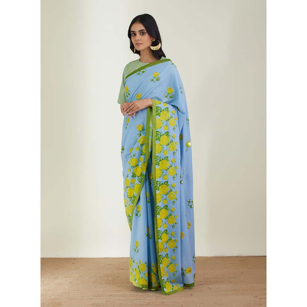 Label Earthen Women Blue Floral Saree with Stitched Blouse