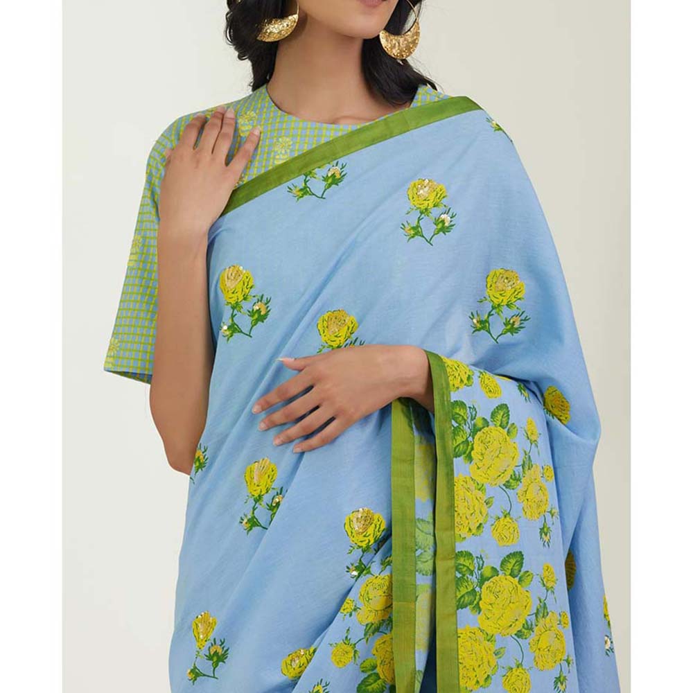 Label Earthen Women Blue Floral Saree with Stitched Blouse