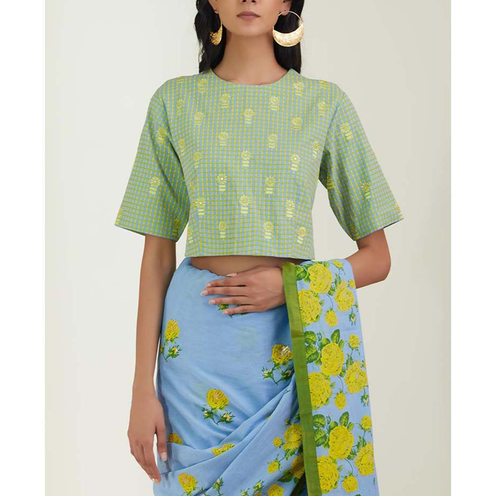 Label Earthen Women Blue Floral Saree with Stitched Blouse