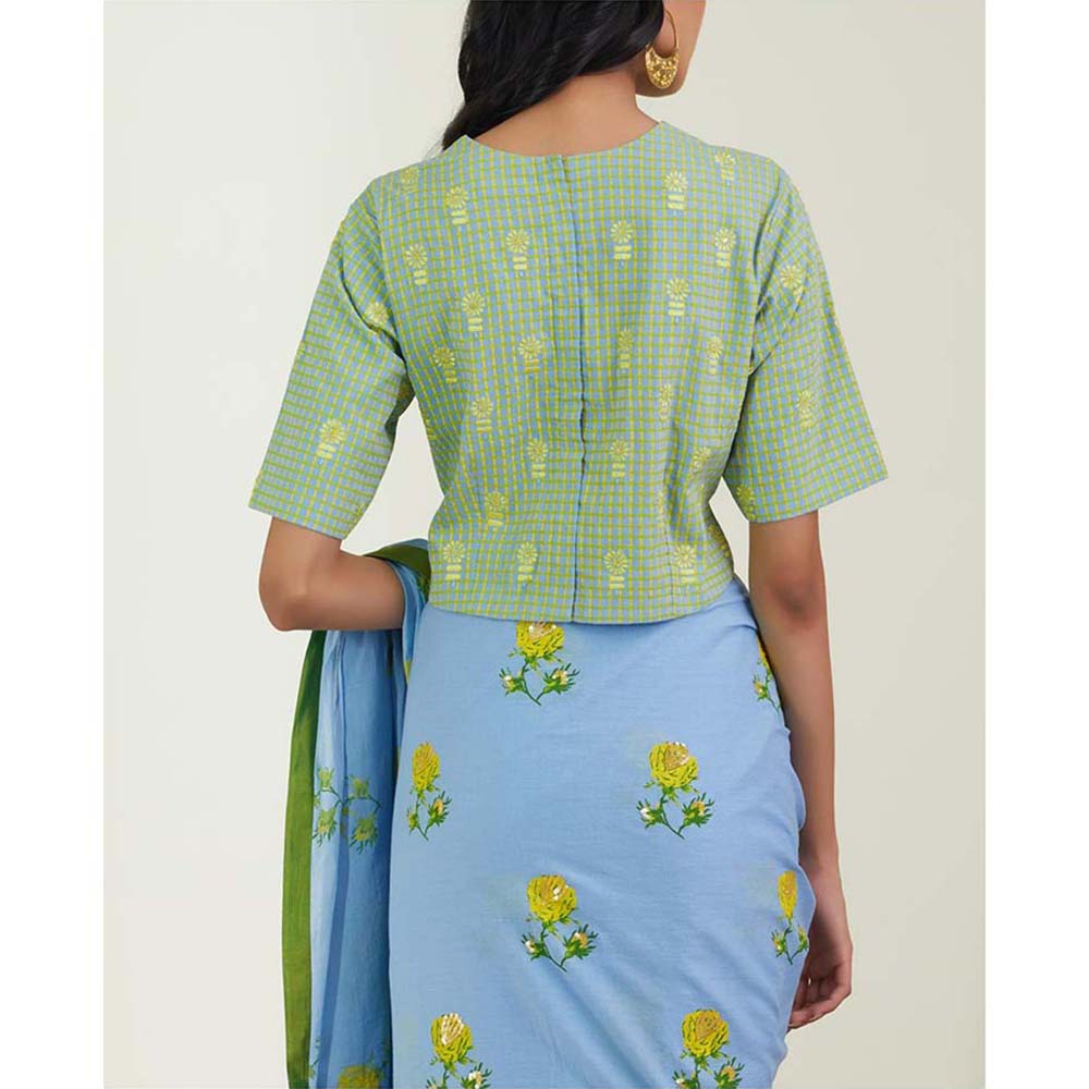 Label Earthen Women Blue Floral Saree with Stitched Blouse