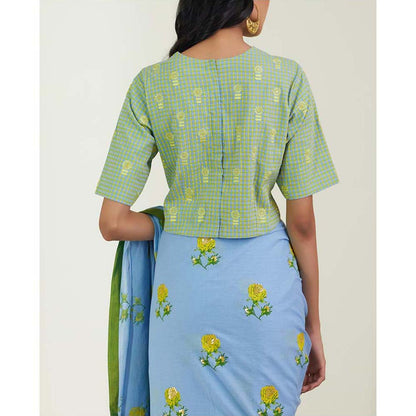 Label Earthen Women Blue Floral Saree with Stitched Blouse