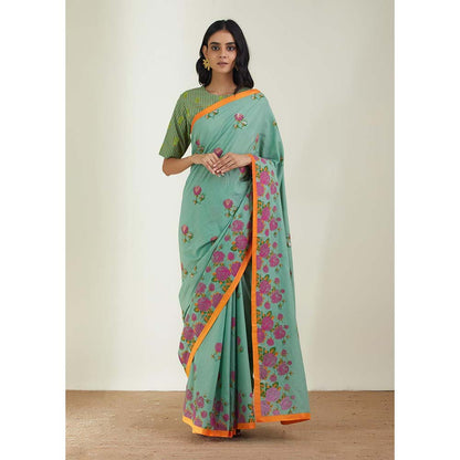 Label Earthen Women Green Floral Saree with Stitched Blouse