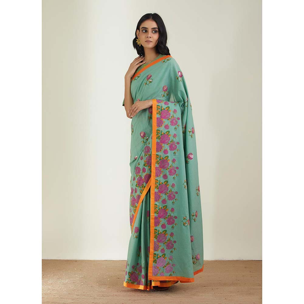 Label Earthen Women Green Floral Saree with Stitched Blouse