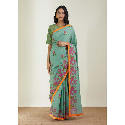 Label Earthen Women Green Floral Saree with Stitched Blouse