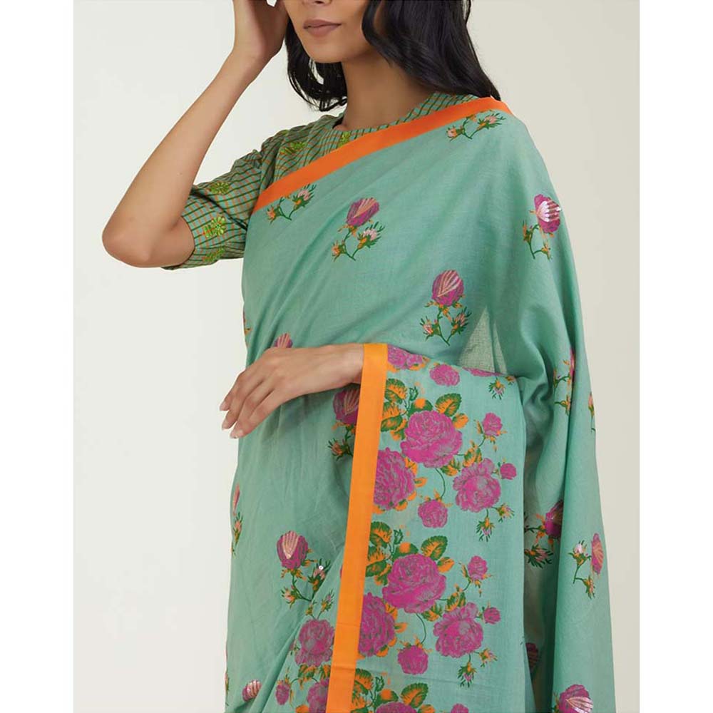 Label Earthen Women Green Floral Saree with Stitched Blouse