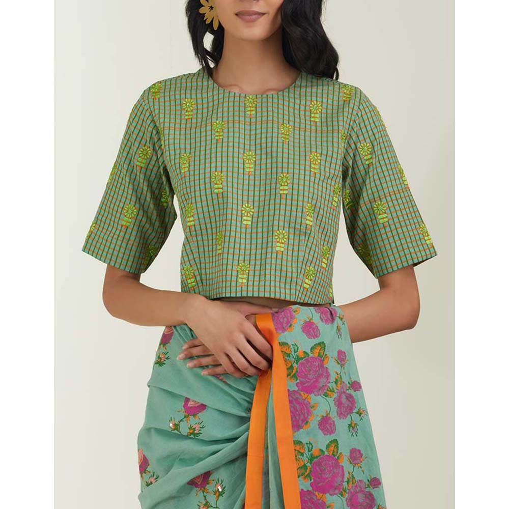 Label Earthen Women Green Floral Saree with Stitched Blouse