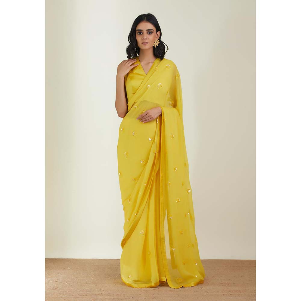 Label Earthen Women Yellow Embroidered Saree with Stitched Blouse