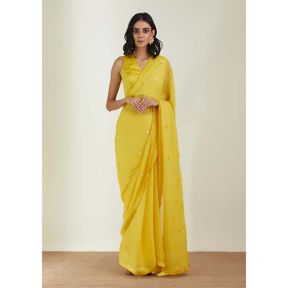 Label Earthen Women Yellow Embroidered Saree with Stitched Blouse
