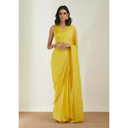 Label Earthen Women Yellow Embroidered Saree with Stitched Blouse