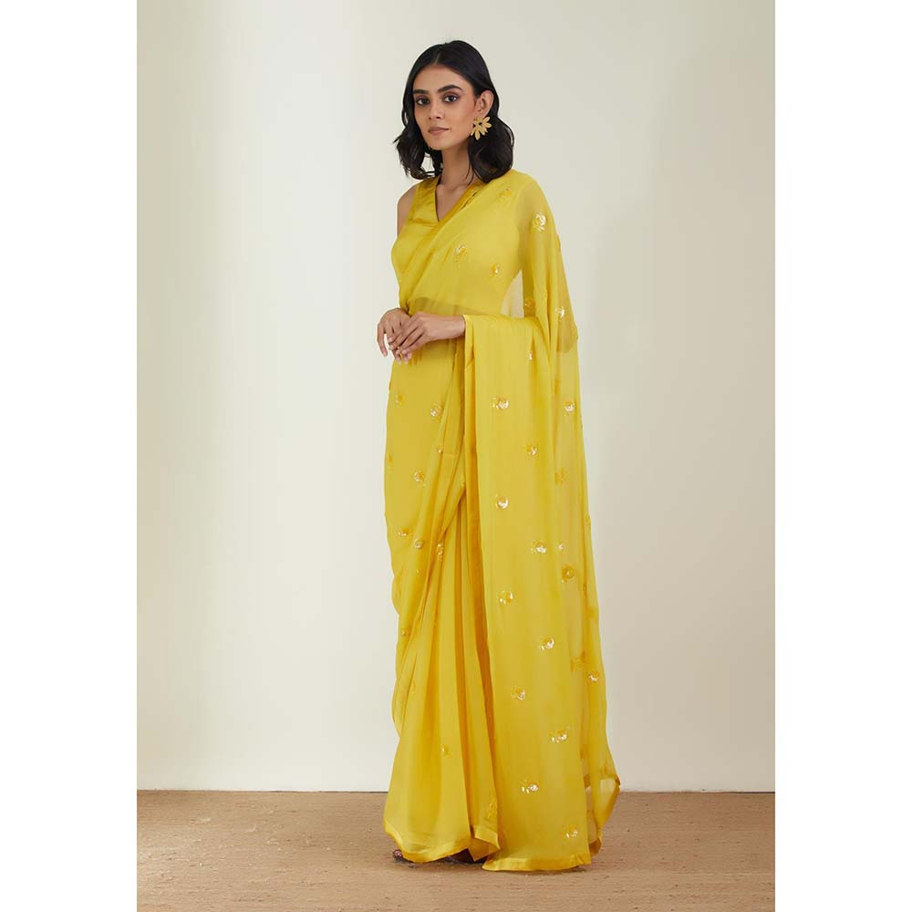 Label Earthen Women Yellow Embroidered Saree with Stitched Blouse
