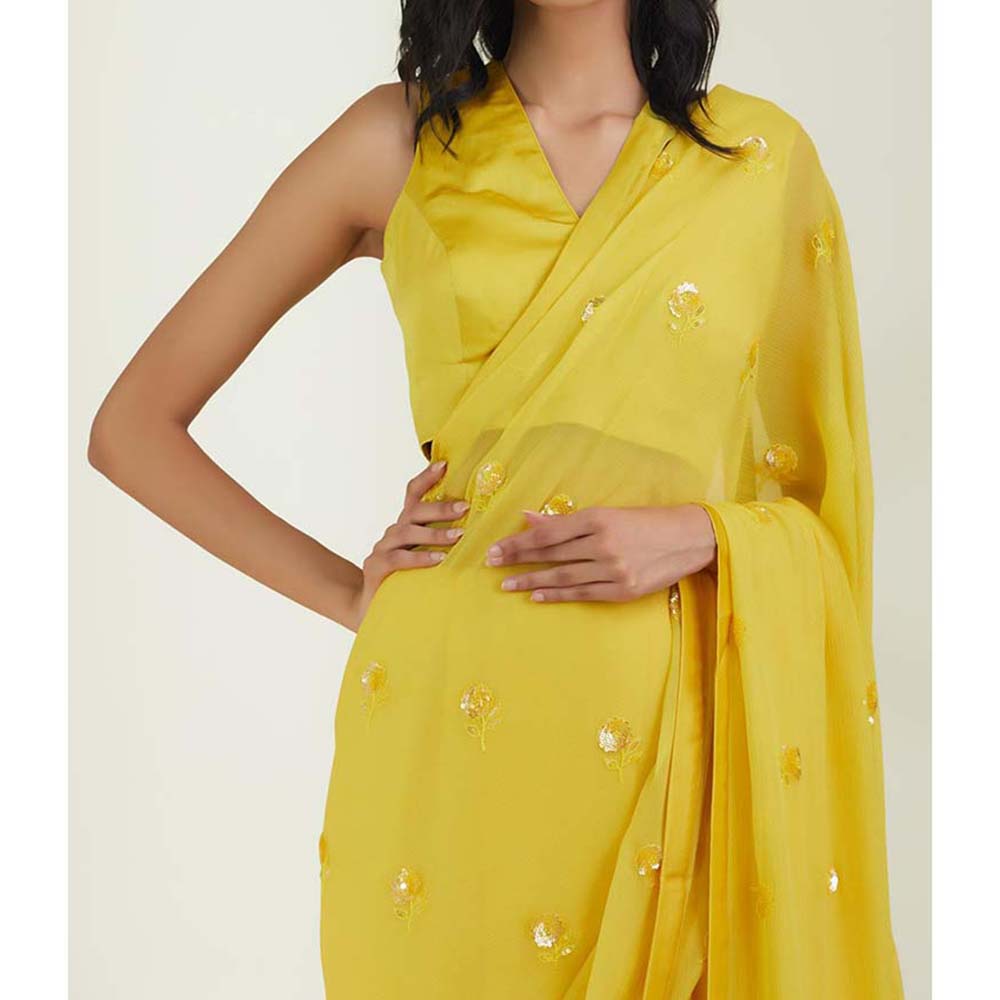 Label Earthen Women Yellow Embroidered Saree with Stitched Blouse