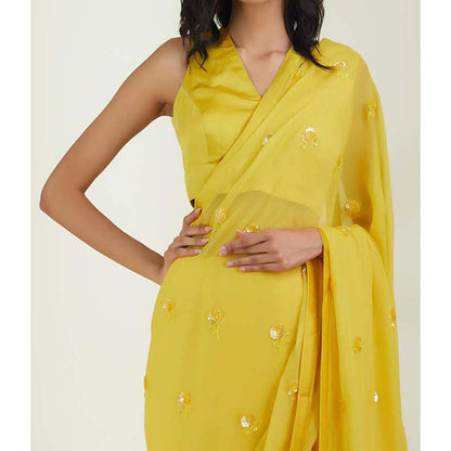 Label Earthen Women Yellow Embroidered Saree with Stitched Blouse