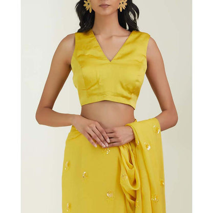 Label Earthen Women Yellow Embroidered Saree with Stitched Blouse