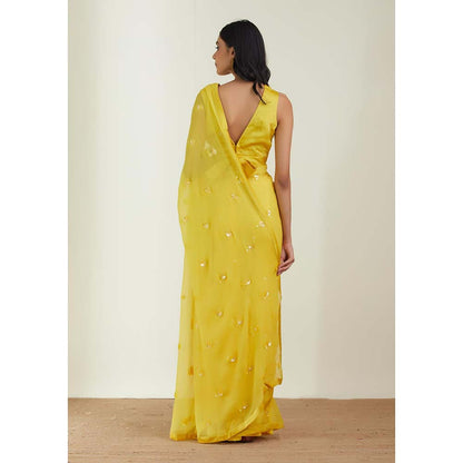 Label Earthen Women Yellow Embroidered Saree with Stitched Blouse