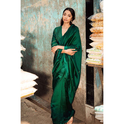 Label Earthen Women Green Embroidered Saree with Stitched Blouse