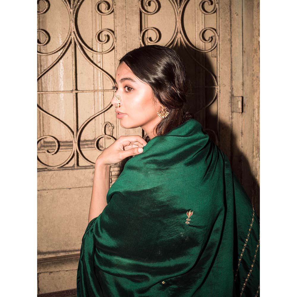 Label Earthen Women Green Embroidered Saree with Stitched Blouse
