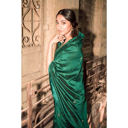 Label Earthen Women Green Embroidered Saree with Stitched Blouse