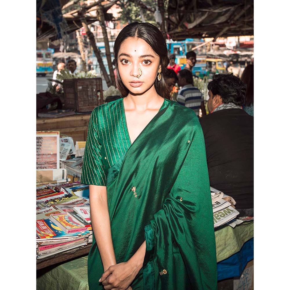 Label Earthen Women Green Embroidered Saree with Stitched Blouse