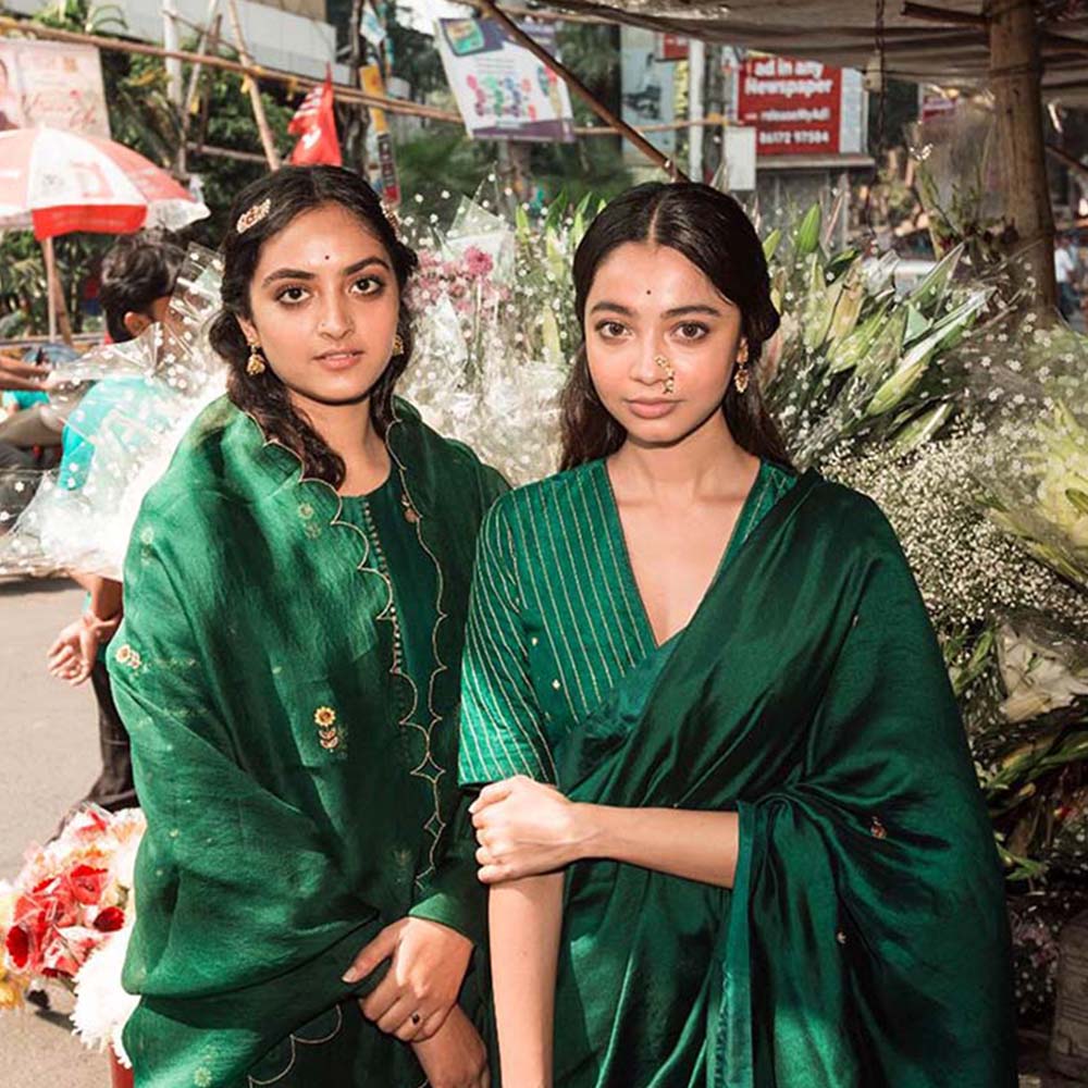 Label Earthen Women Green Embroidered Saree with Stitched Blouse
