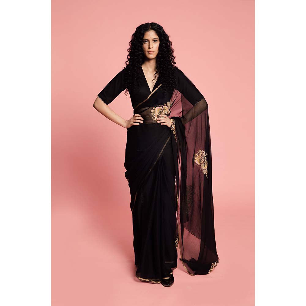 Label Earthen Women Black Embroidered Saree with Stitched Blouse