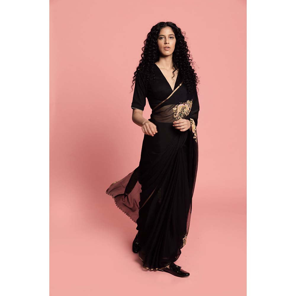 Label Earthen Women Black Embroidered Saree with Stitched Blouse