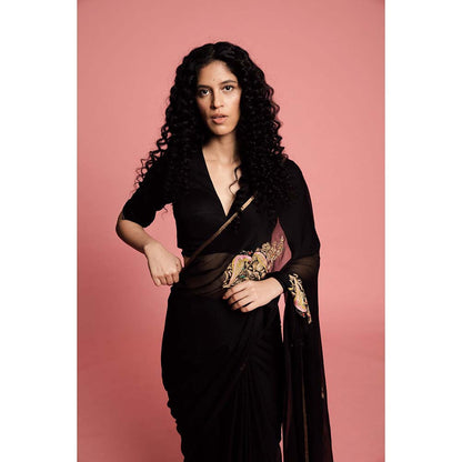 Label Earthen Women Black Embroidered Saree with Stitched Blouse