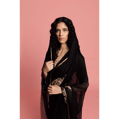 Label Earthen Women Black Embroidered Saree with Stitched Blouse
