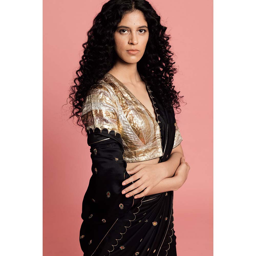 Label Earthen Women Black Embroidered Saree with Stitched Blouse