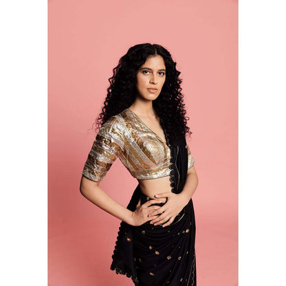 Label Earthen Women Black Embroidered Saree with Stitched Blouse