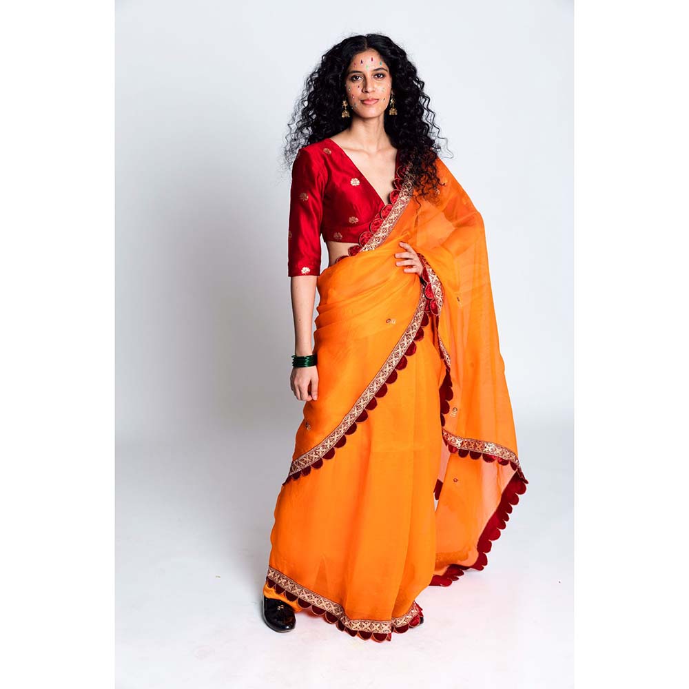 Label Earthen Women Orange Embroidered Saree with Stitched Blouse